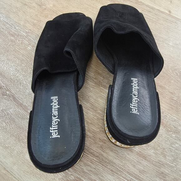 Jeffrey Campbell Teseida Black Suede Leather Block Heel Mule sz 9 Rhinestone Gem - Picture 2 of 9